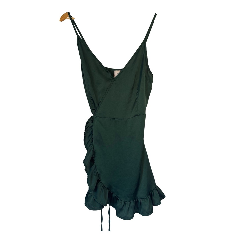 Cocktail Polly‎ Womens 6 Wrap Dress Emerald Green Ruffle Satin Spaghetti Strap